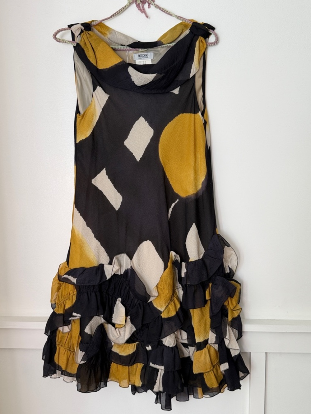 Moschino Black, Mustard and Cream Abstract Ruffle-Hem Mini Dress